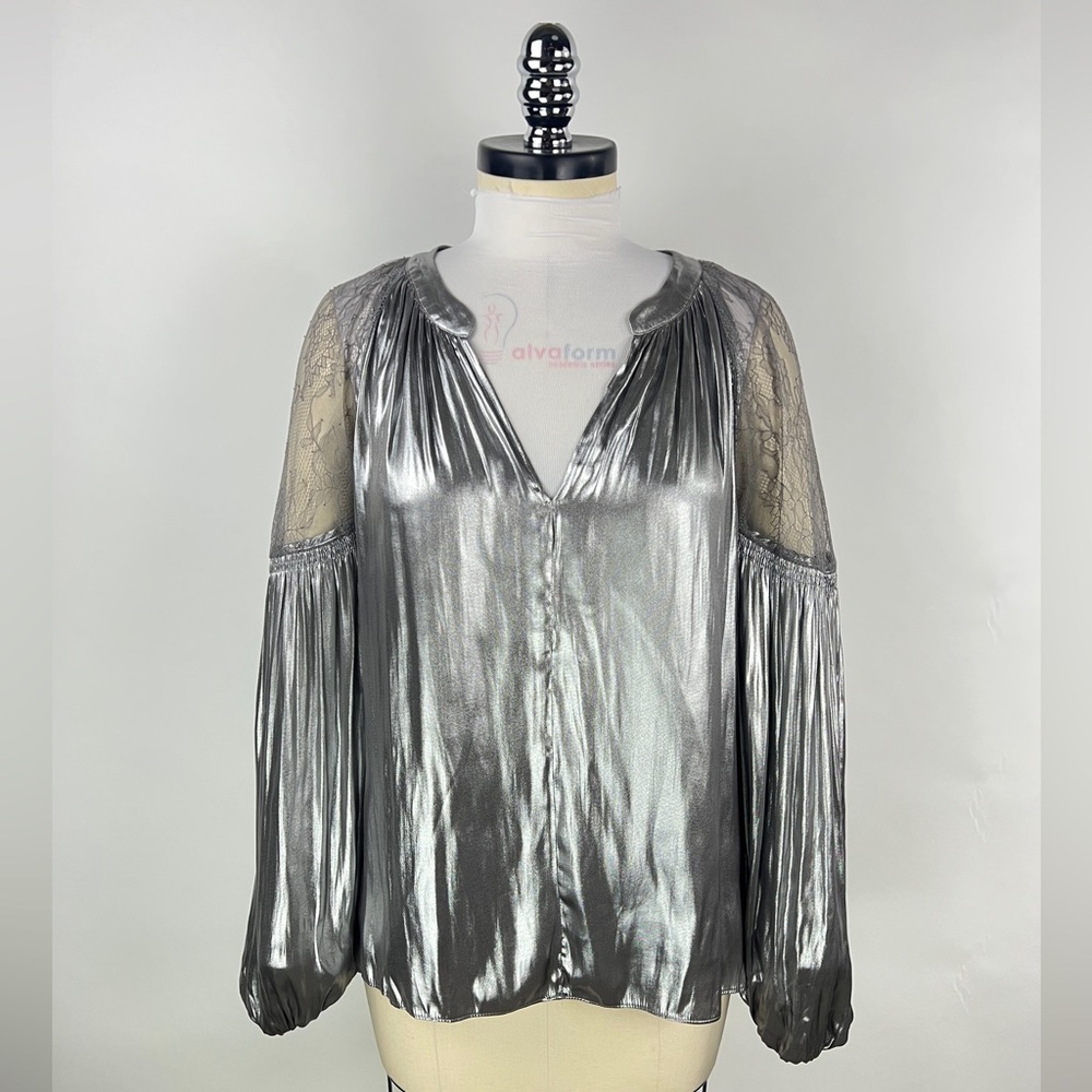 Lace Shoulder Metallic Silver Flowy Blouse